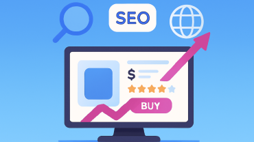 “Flat digital illustration of SEO site tool showing online store product page on monitor with rising magenta graph, search engine icons including magnifying glass, SEO label, and globe, on bright blue background.”