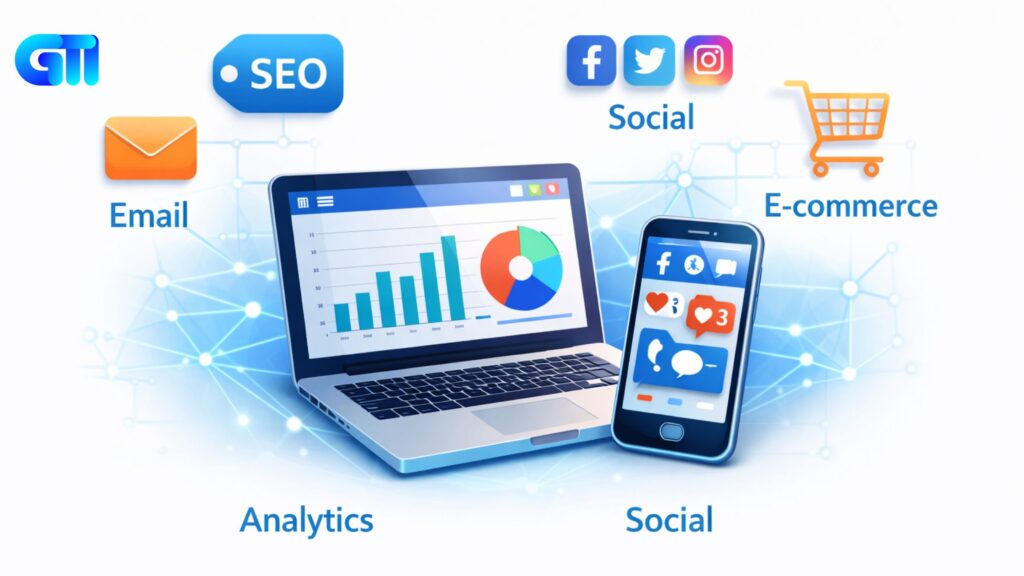 A professional desk workspace showing a digital marketing strategy for business growth.