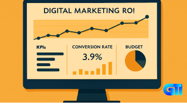 Digital marketing ROI dashboard on a computer screen with line graph, KPIs, conversion rate, and budget pie chart; modern UI design, orange background, professional enterprise analytics concept.