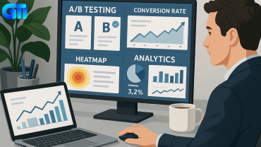 Digital marketer analyzing A/B testing results, conversion rate graphs, heatmaps, and analytics dashboards to optimize campaign performance and ROI.