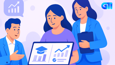 “Flat-style digital illustration of three professionals collaborating around a laptop displaying client education dashboards, growth charts, and checklists; clean corporate design with blue and violet tones, soft lighting, and no text.”