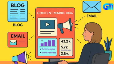 Bright flat-style illustration of a woman at a desk working on content marketing. Central panel labeled “Content Marketing” displays a megaphone, video player, and bar chart with metrics: 43.2k audience, 5.7k leads, 3.8% conversion rate. Surrounding icons include BLOG and EMAIL documents, with labels for Traffic Insights and Search Features. Yellow background enhances visibility and engagement.
