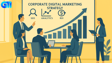 Corporate digital marketing strategy presentation in a modern office, featuring a professional team analyzing growth charts on a large screen with icons for SEO, analytics, ROI, and strategy planning; clean layout, yellow background, minimalistic style.