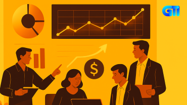 Three marketers analyzing performance marketing dashboards with ROI charts and KPIs on a glowing yellow background.