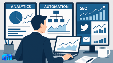 “Digital marketer reviewing real-time analytics and automation dashboards on multiple screens, showing data-driven decision making. Visual elements of SEO, social media, email marketing, and performance metrics. Professional, modern, minimal design style.”