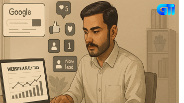 “Indian entrepreneur analyzing website analytics on laptop with Google search results and social media icons in a modern office setting.”