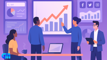 "Flat digital illustration of a diverse digital marketing team analyzing growth data, SEO dashboards, social media metrics, and campaign charts in a violet-background agency workspace."