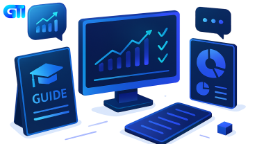 Data-driven digital learning and analytics illustration with graphs, guidebook, and communication icons.