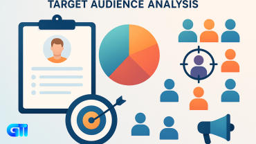 Professional marketing illustration showing target audience analysis. Includes a clipboard with a customer persona sheet, a multicolored segmentation pie chart, a group of human icons with one highlighted in a targeting crosshair, a bullseye with an arrow, and a megaphone icon. The design uses soft gradients and a modern business style with a clean layout.