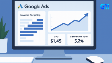 "Flat-style illustration of Google Ads analytics dashboard on desktop monitor, showing keyword targeting bar chart, CPC and conversion rate metrics, upward ROI graph, professional workspace with white desk, plant, mouse, and notebook against solid blue background"
