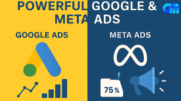 "Split-screen comparison of Google Ads and Meta Ads with logos, analytics icons, and performance highlights"
