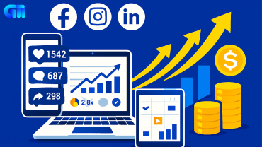 Social media marketing growth visual with laptop analytics, social media icons, upward graphs, and revenue symbols