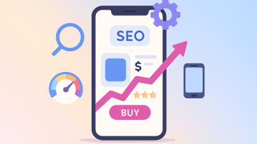 “Flat digital illustration of mobile SEO site tool showing smartphone with responsive e-commerce product page, speed meter, gear icon, and mobile optimization symbols on soft gradient background.”