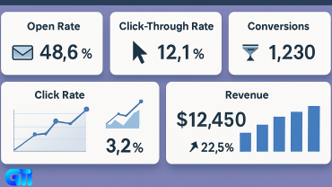 "Email marketing performance dashboard displaying open rate, click-through rate, conversions, click rate chart, and revenue bar graph on violet background"