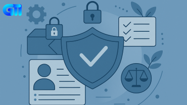 "Flat digital illustration of an SEO site tool interface showing analytics dashboard, keyword metrics, site health indicators, and optimization checklists in a clean layout with muted blue tones."