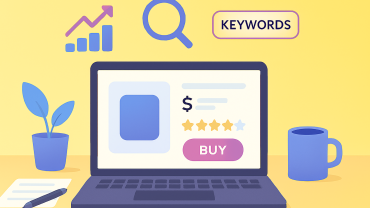 “Flat digital illustration of SEO optimization workspace showing laptop with e-commerce product page, SEO icons like upward graph, magnifying glass, and keywords label, surrounded by plant, paper, pen, and coffee mug on bright yellow background.”