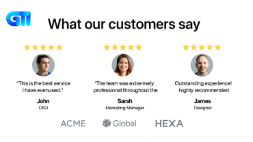 “Marketing service promo graphic with GTI logo, bold headline, subheading, blue ‘Get Started’ button, and icons for analytics, user profile, and data visualization on a clean white background.”