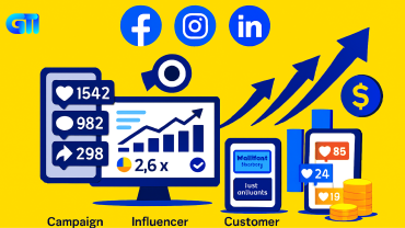 Social media marketing illustration showing engagement metrics, analytics dashboard, and revenue growth with upward arrows and coins