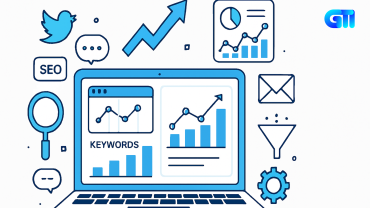 “Flat digital illustration of a laptop displaying SEO analytics, keyword charts, traffic graphs, and marketing icons including social media, email, funnel, and automation tools in a clean blue-and-white workspace.”