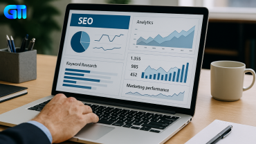 Professional digital marketer analyzing SEO dashboards, keyword research data, and performance charts on a laptop in a modern office workspace.