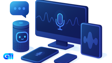 Futuristic voice search marketing illustration with smart devices, chatbot UI, and glowing waveforms in blue and purple tones on white background.