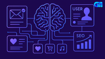 “Flat-style tech illustration of AI personalization concept with violet background. Central holographic brain connects to user profile, email notification, SEO analytics, and icons for shopping, music, and social interests via clean data lines. No glow or blur effects.”