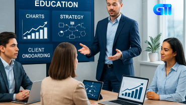 Business consultant presenting strategy charts and client onboarding steps on a digital screen in a modern office, with diverse professionals engaged in discussion around a minimalist desk.