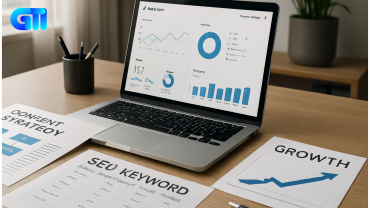 Digital marketing workspace with laptop showing analytics dashboard, surrounded by content strategy, SEO keyword, and growth documents on a clean desk in natural light.