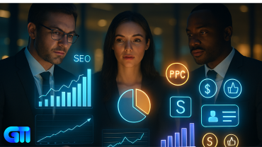 “Realistic digital dashboard showing SEO site tool interface with keyword analytics, backlink tracking, site audit metrics, and performance graphs, viewed by a business team in a high-tech environment.”