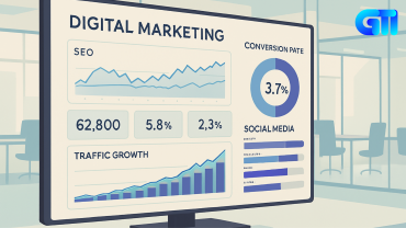 “Digital marketing analytics dashboard on widescreen monitor showing SEO performance graphs, conversion rate pie chart, traffic growth bar chart, and social media metrics in a modern office setting with soft lighting and flat design.”