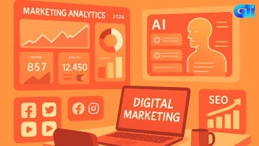 “Flat-design illustration of a futuristic digital marketing workspace in 2026 with orange background. Features holographic-style dashboards showing marketing analytics, AI assistant interface, glowing social media icons, rising SEO graphs, and a laptop displaying ‘Digital Marketing’ on a desk with a coffee mug and office chair.”
