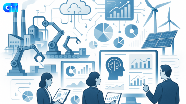 “Business professionals analyzing AI dashboards, smart factories, cloud networks, and sustainable energy systems in a high-tech industrial setting.”