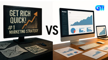 Split-screen digital marketing concept showing “Myths vs Reality.” Left side: dark, chaotic office with broken charts and fake claims on a cracked monitor. Right side: bright, modern workspace with rising analytics graphs and clean dashboards. Blue and orange contrast lighting, cinematic, ultra-realistic, white background.