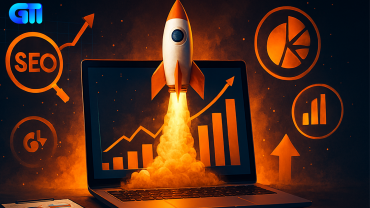 Illustration of a rocket launching from a laptop with SEO magnifying glass icon, surrounded by charts and upward arrows symbolizing digital marketing growth.