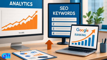 Digital marketing workspace with SEO analytics graphs showing rising website traffic, Google ranking improvements, and keyword strategy board.
