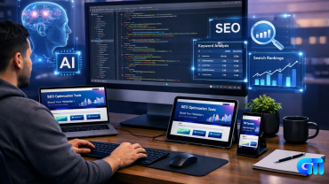 “Web developer coding on widescreen monitor with AI and SEO dashboards holographically displayed. Workspace includes laptop, tablet, and smartphone showing responsive layouts of an SEO optimization tool titled ‘Boost Your Website’s Performance.’ Surrounding overlays highlight keyword analysis, search rankings, and AI neural network graphics. Clean tech desk setup with notepad, coffee mug, and potted plant under blue and purple gradient lighting.”